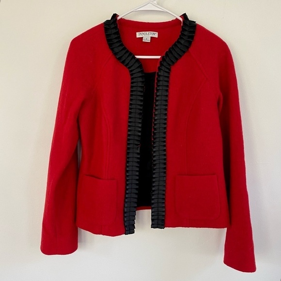 Pendleton Jackets & Blazers - Pendleton Vintage Red Merino Wool Blazer Black Pleated Trim Pockets